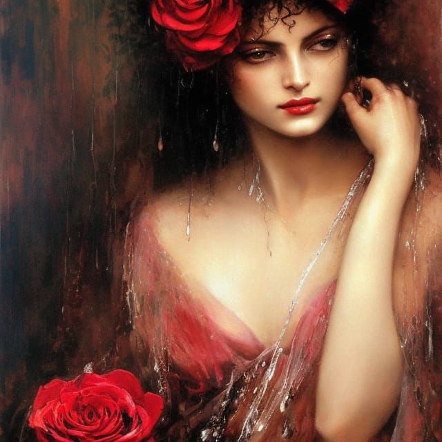 Sensual Portrait of Woman with Rose in Royo Style