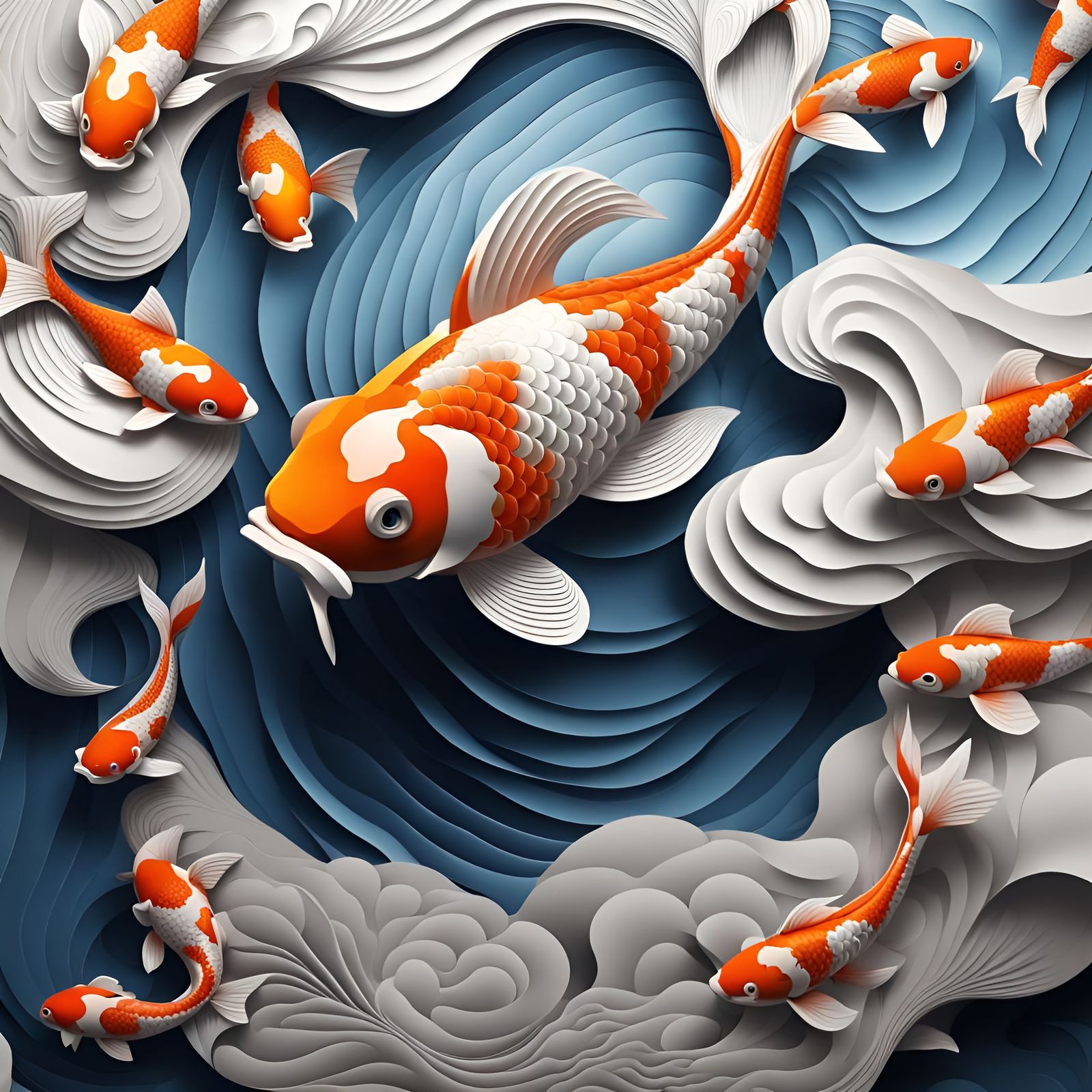 Marble Koi Fish Floating in Clouds