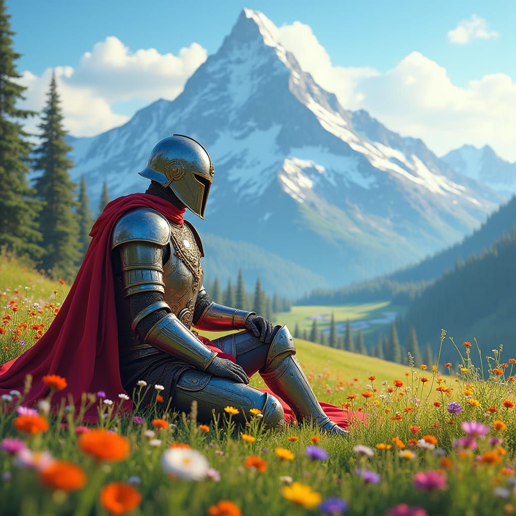 Fantasy Knight in Emerald Field: 80s Matte Painting