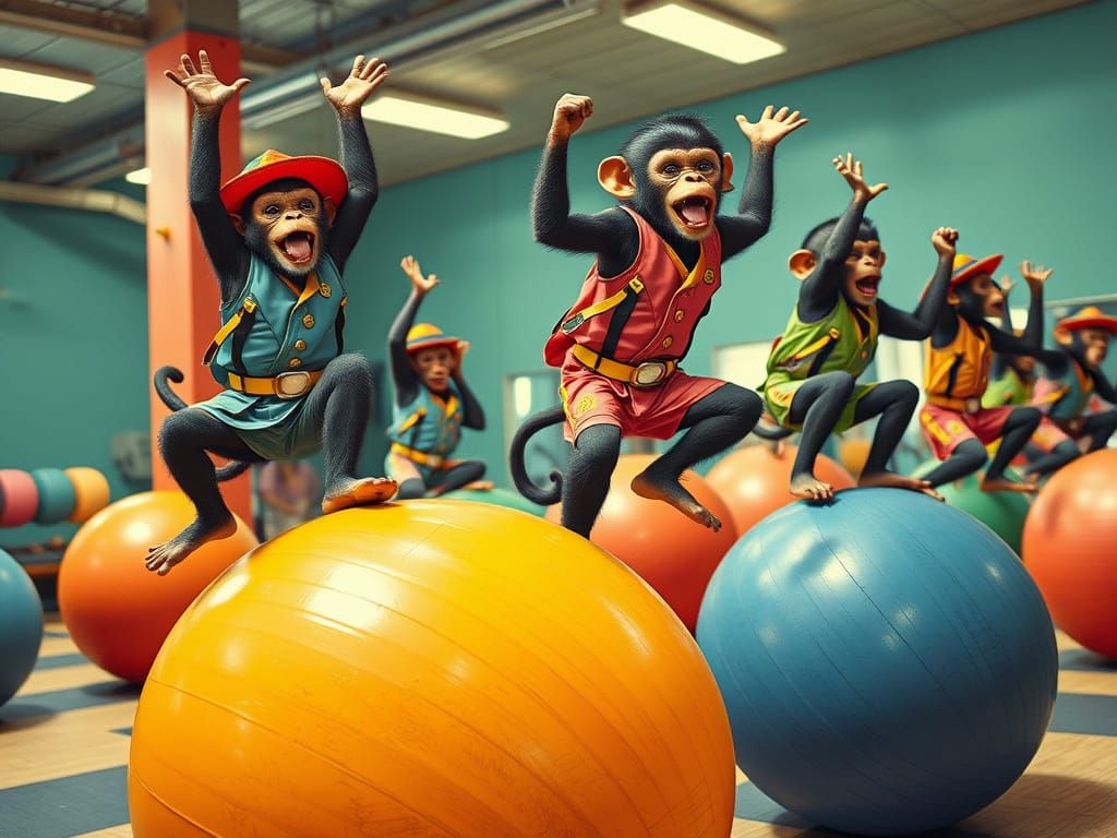 Playful Monkeys Bouncing on Balls in Gym, Energetic Art