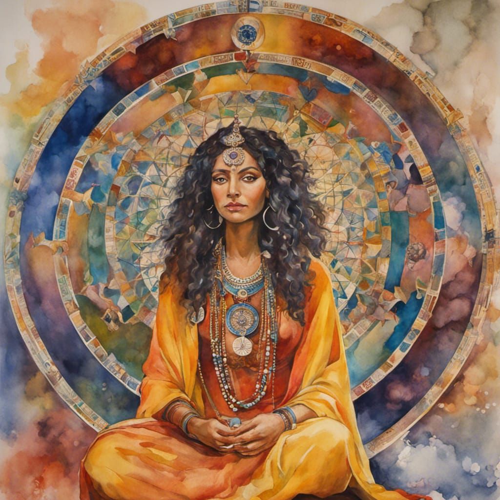 Mystical Sadhu Woman with Kabbalah Chart, Watercolor