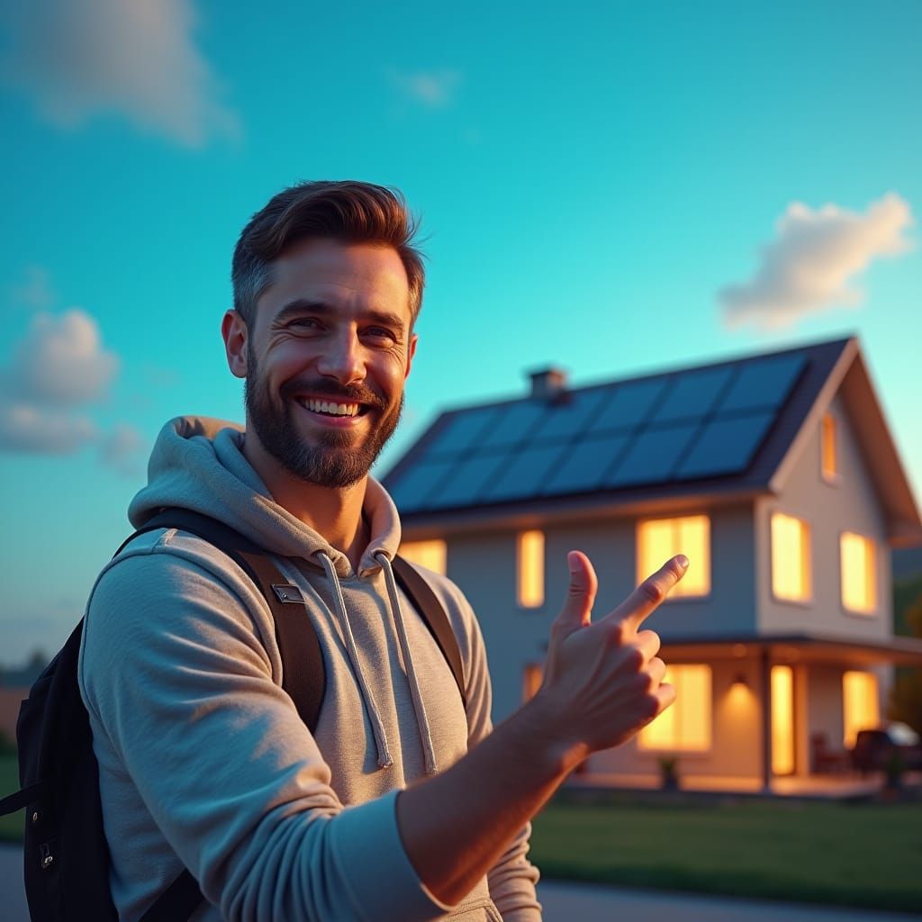 Eco-Friendly Home with Photovoltaic Panel in Hyperrealism