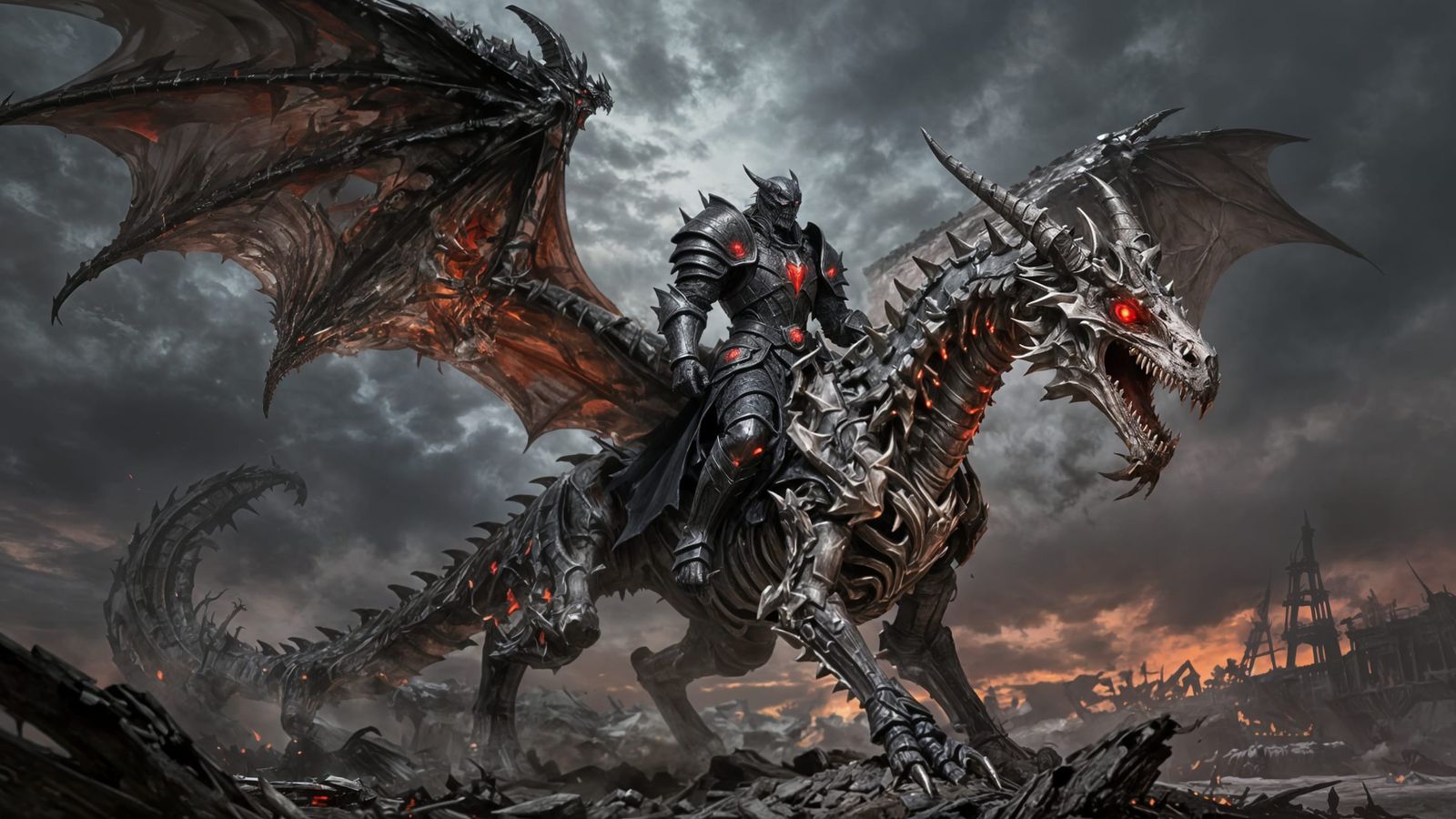 Death Knight Rides Colossal Skeletal Dragon in Black and Red...
