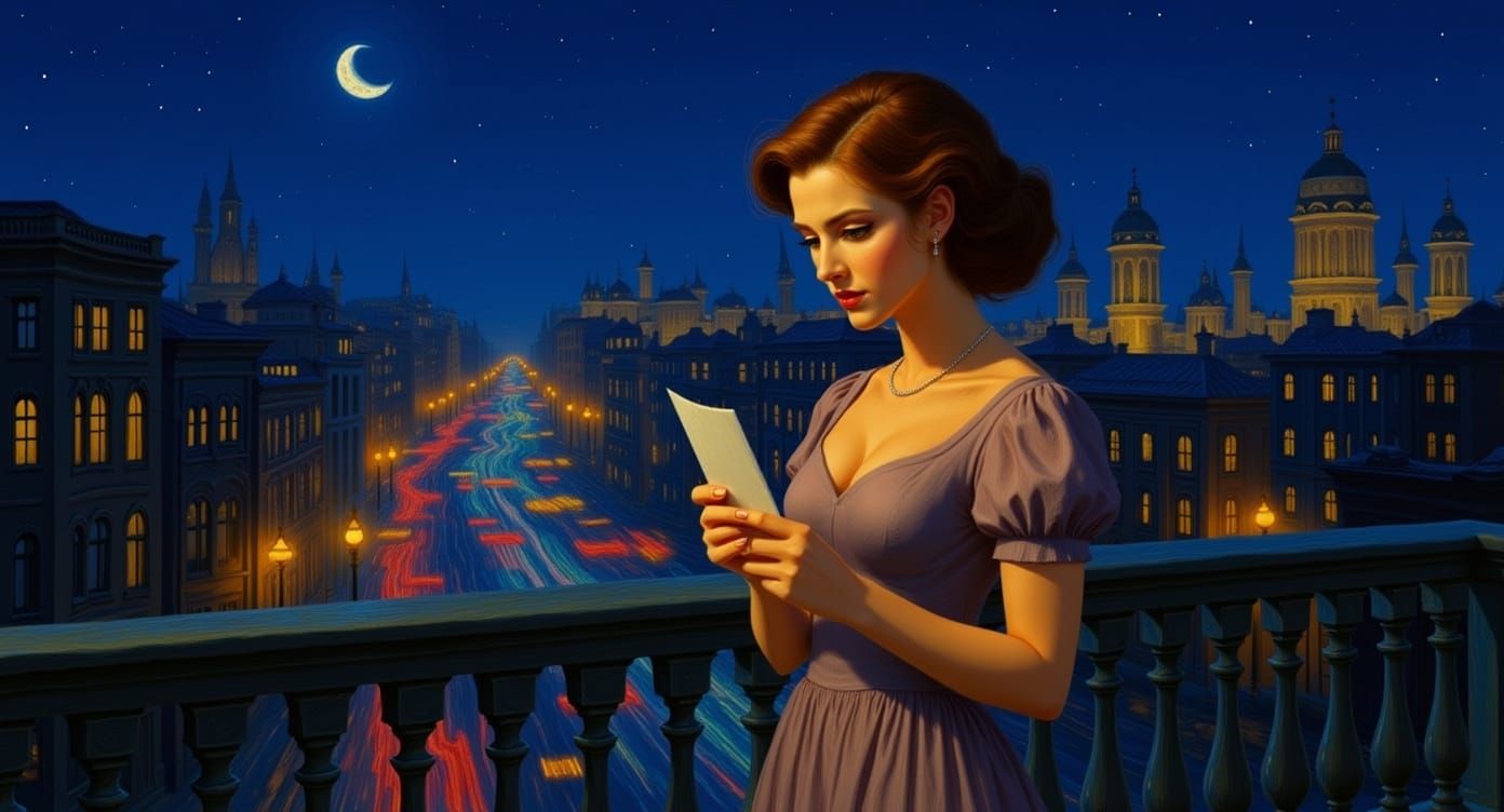 Woman on Balcony Overlooking Twilight City with Letter