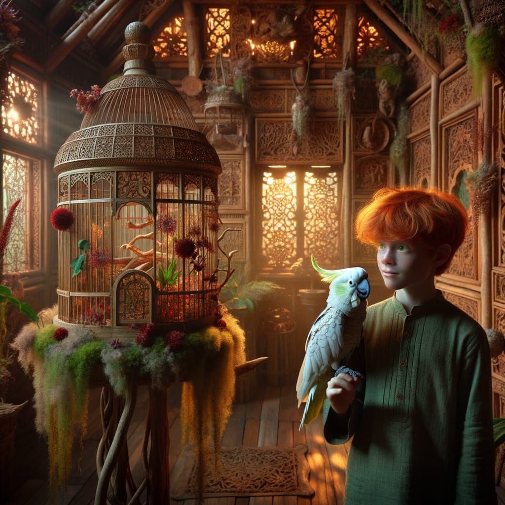 Boy and Cockatoo in Timber House