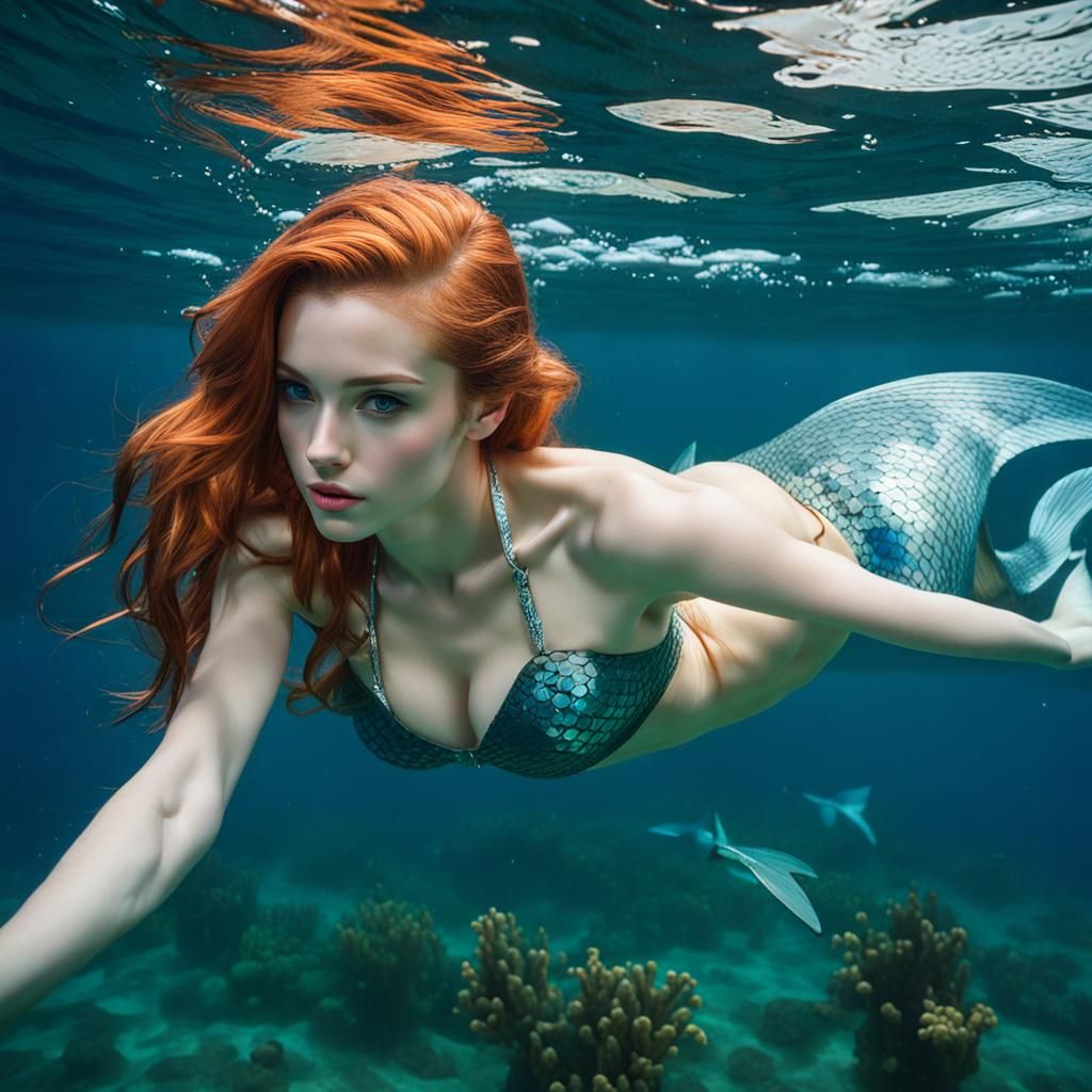 Beautiful Pale Mermaid Swimming with Friends