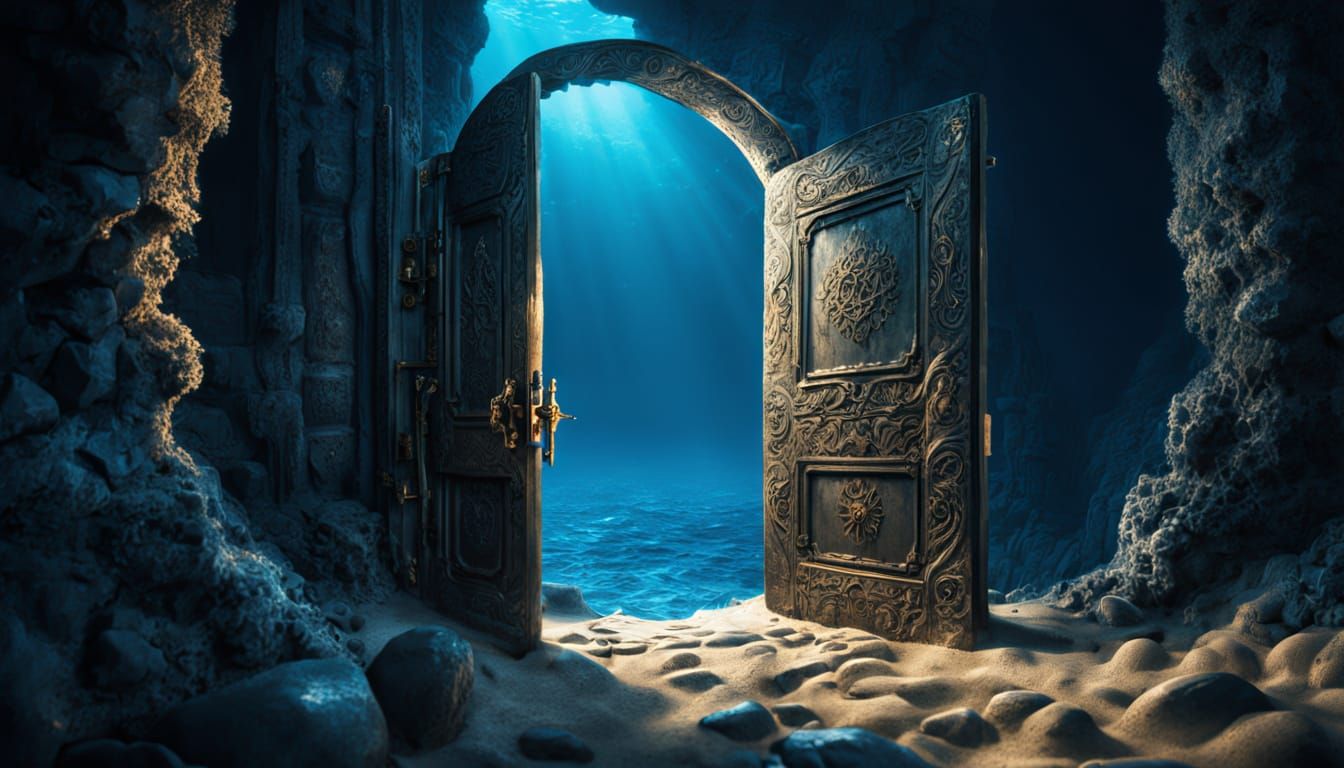 Ancient Door on Ocean Floor, Hyperrealistic Concept Art