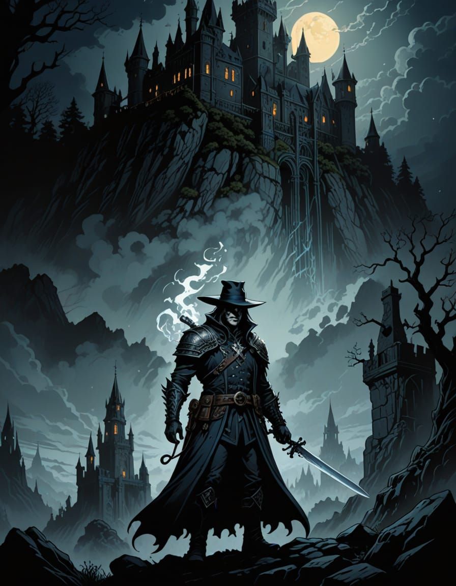 Gothic Comic Book Art: Dark Witch Hunter in Ruined Castle
