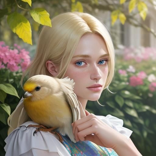 Boy with Bird in Sunlit Garden: Hyperrealistic Portrait