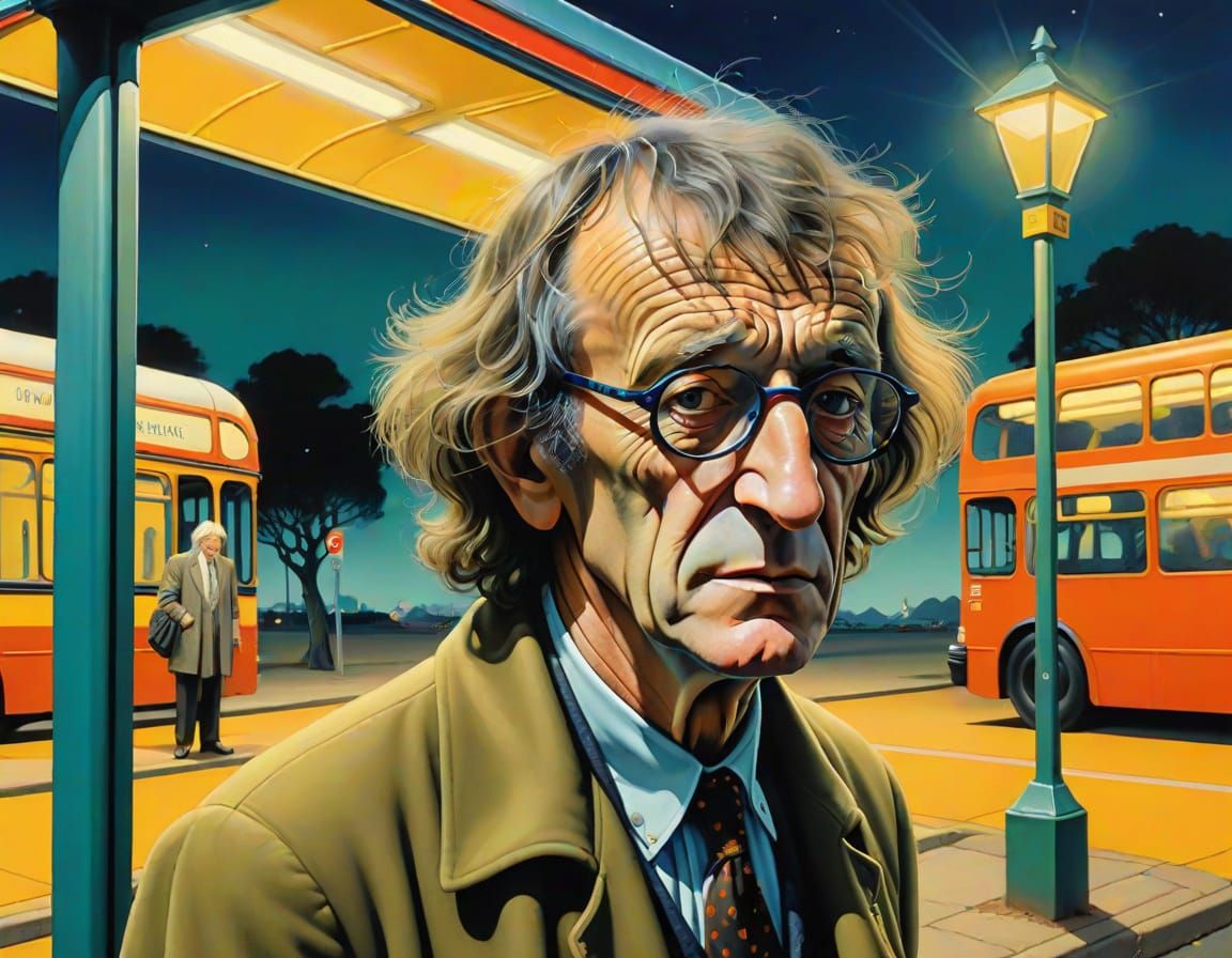 Surreal Bus Stop Scene in Beryl Cook Style