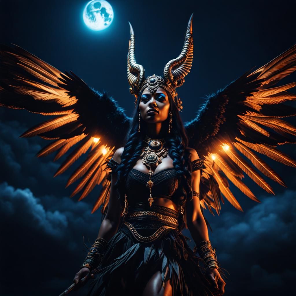 Moody Witch Doctor Flying in Dark Night Sky