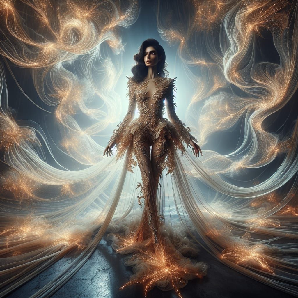 Ethereal Woman in Luminous Ensemble: Hyperrealistic Portrait