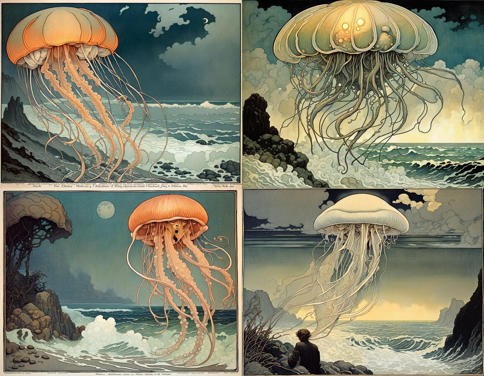 Dreamlike Jellyfish on Foggy Shore, Art Nouveau Style