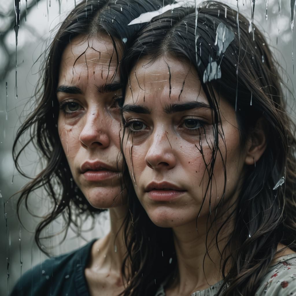 Melancholic Double Exposure: Girl and Woman