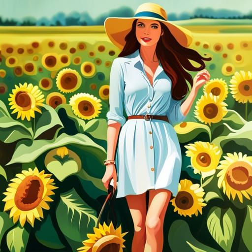 Woman Walking Through Sunflower Field in Sunshine