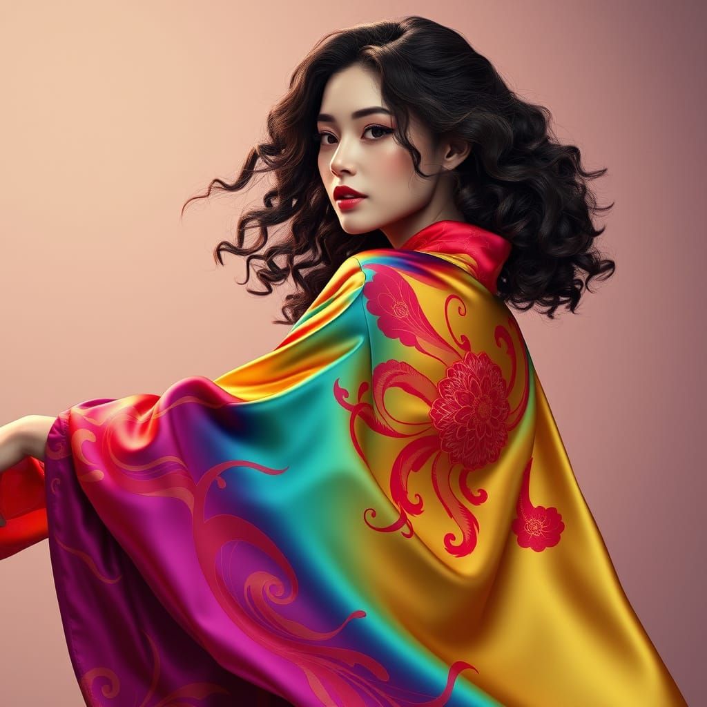 Elegant Woman in Vibrant, Gradient Coat with Intricate Patte...