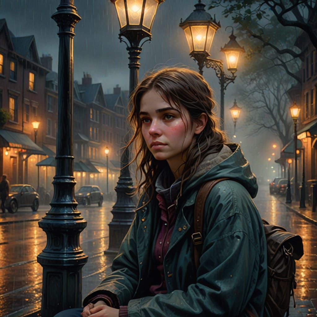 Ethereal Homeless Girl in Rainy Victorian Scene