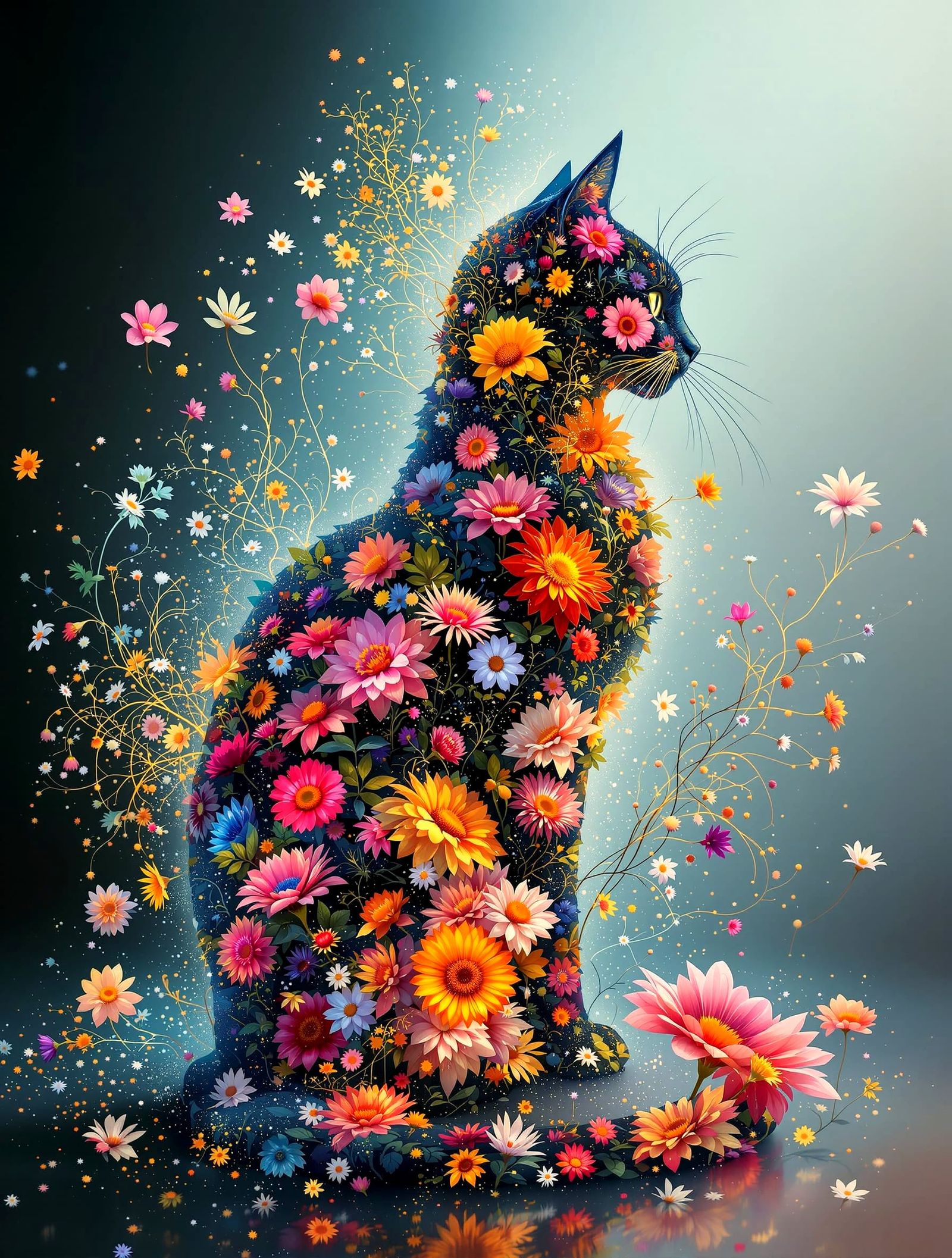 Surreal Cat Silhouette Filled With Flowers in Painterly Real...