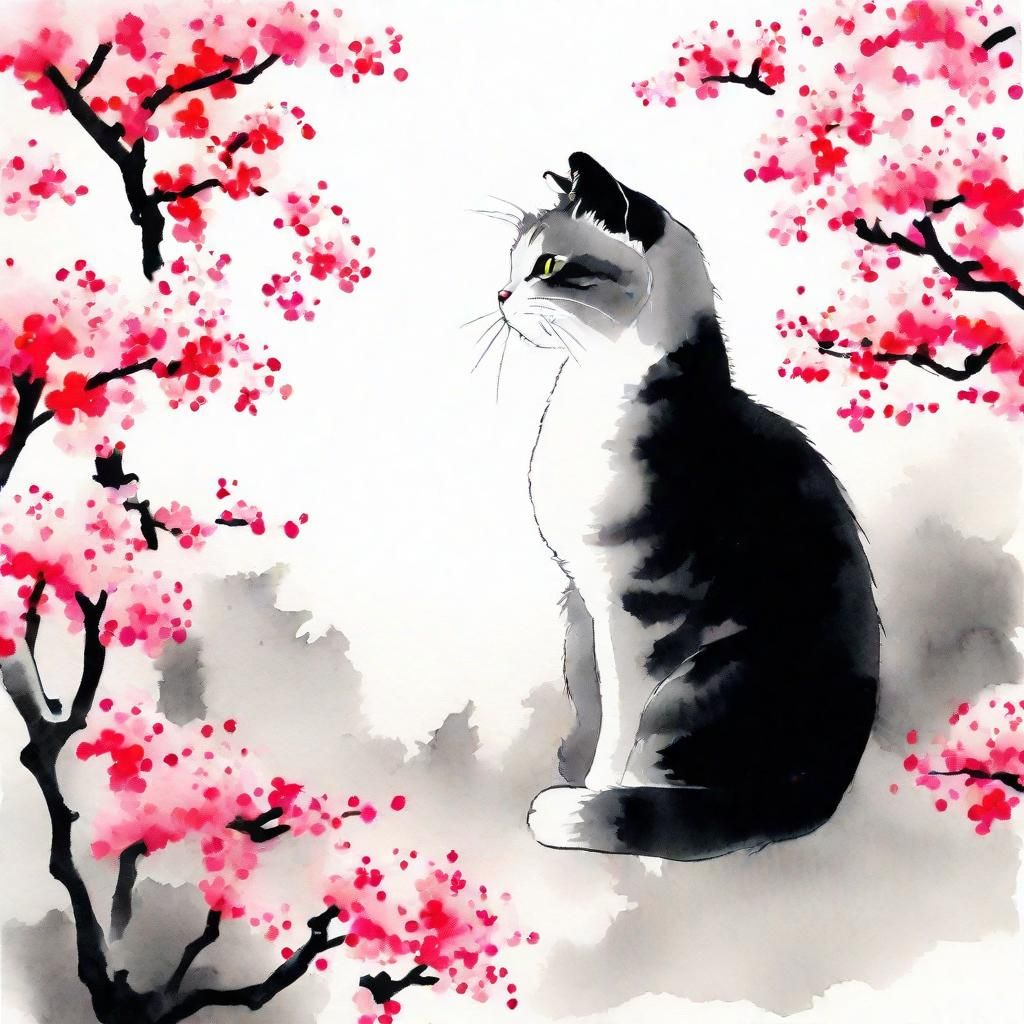 Grey Cat in Sakura Garden: Japanese Ink Painting
