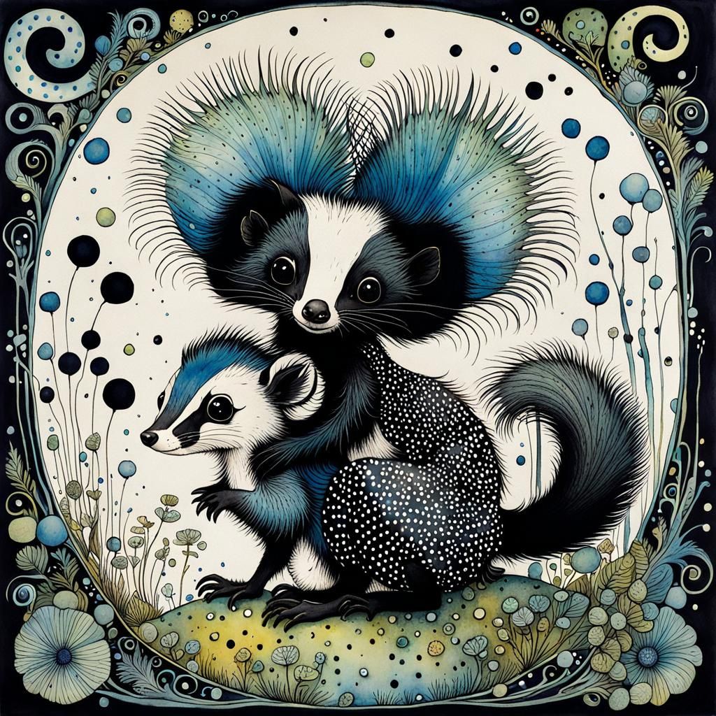 Whimsical Skunks in Surreal Watercolour Painting