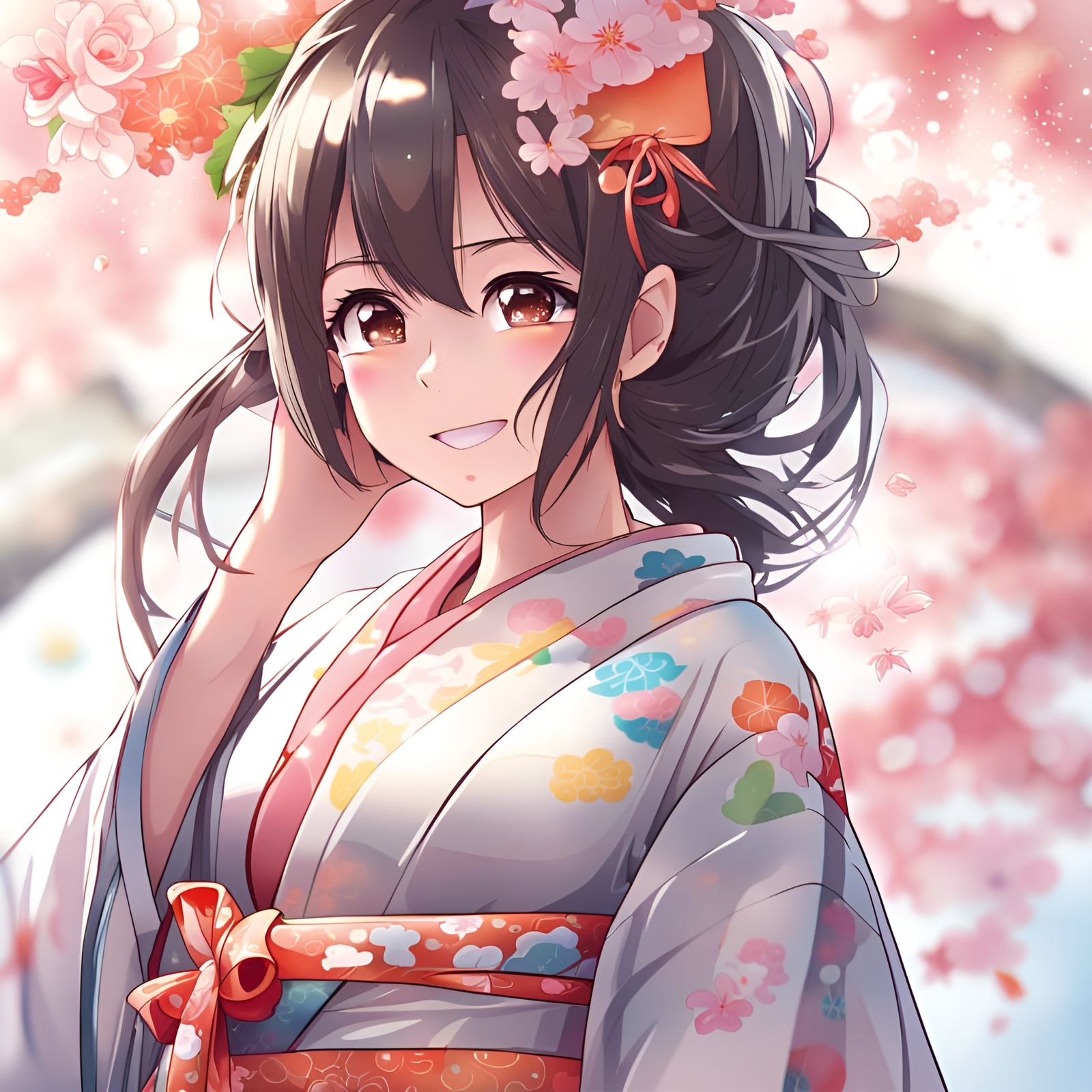 Japanese Girl in Kimono Anime Style