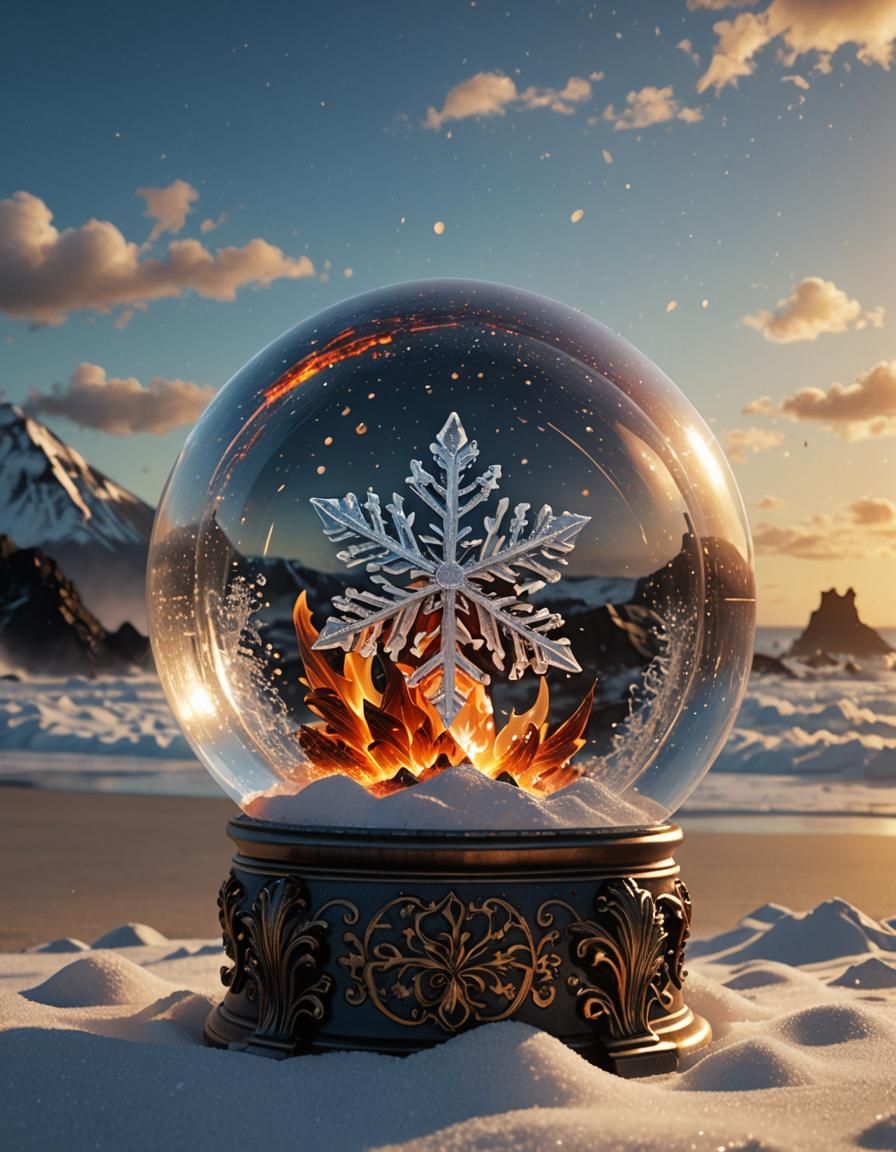a burning snowflake snow globe