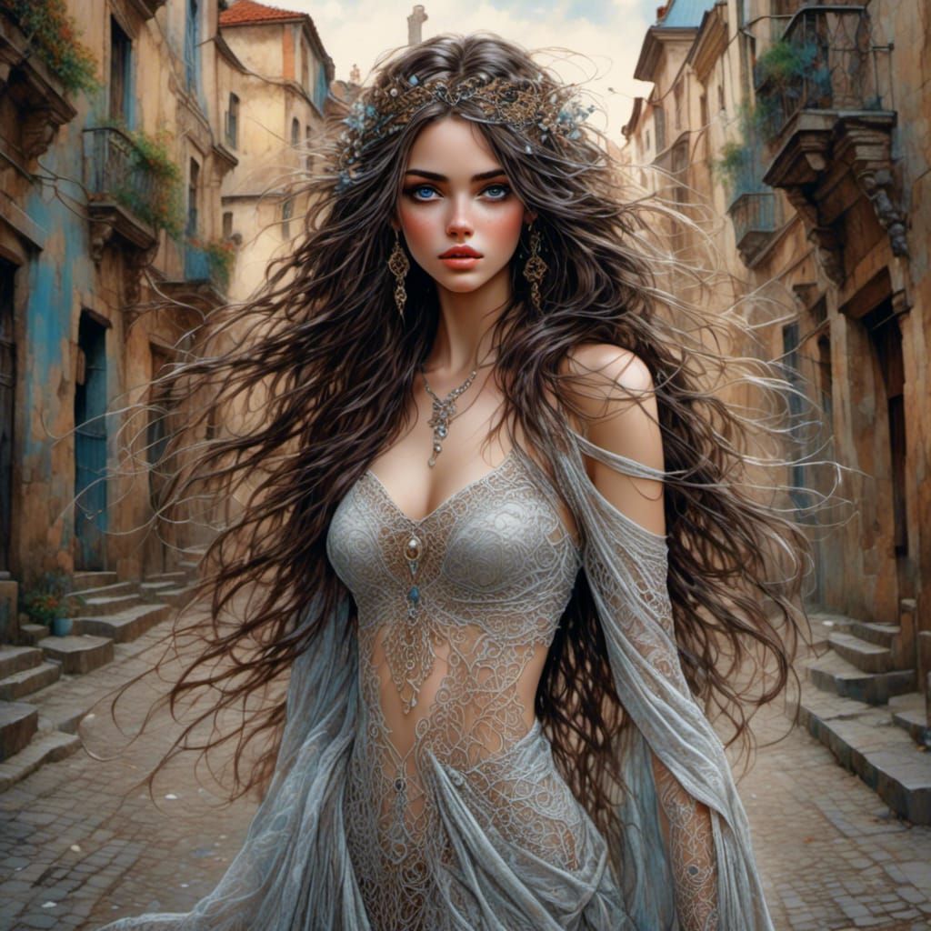 Fantasy Woman with Flowing Hair on Prague Street
