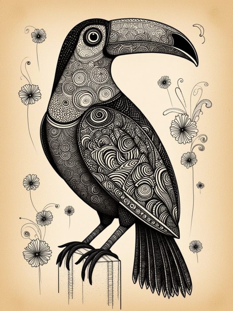 Intricate Toucan Illustration in Zentangle Style