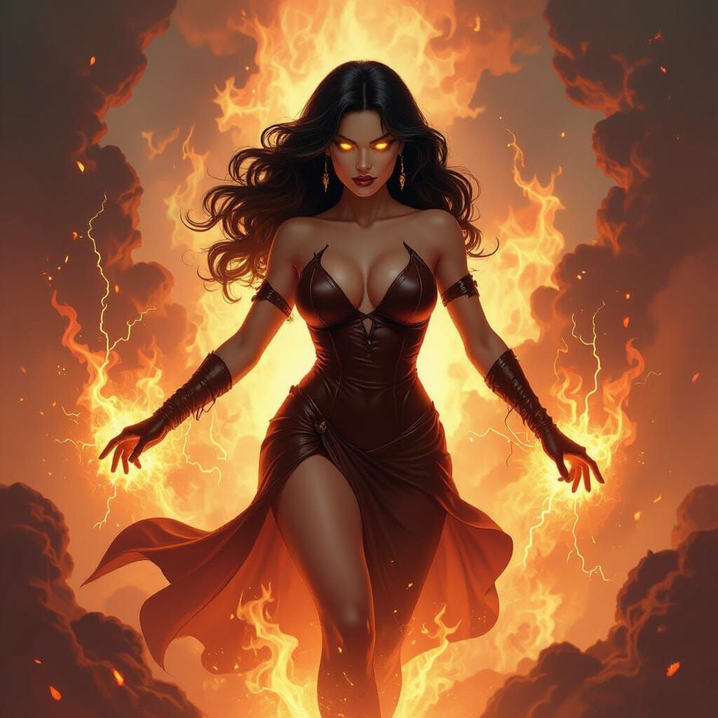 Powerful Woman Floating Through Fire and Electricity