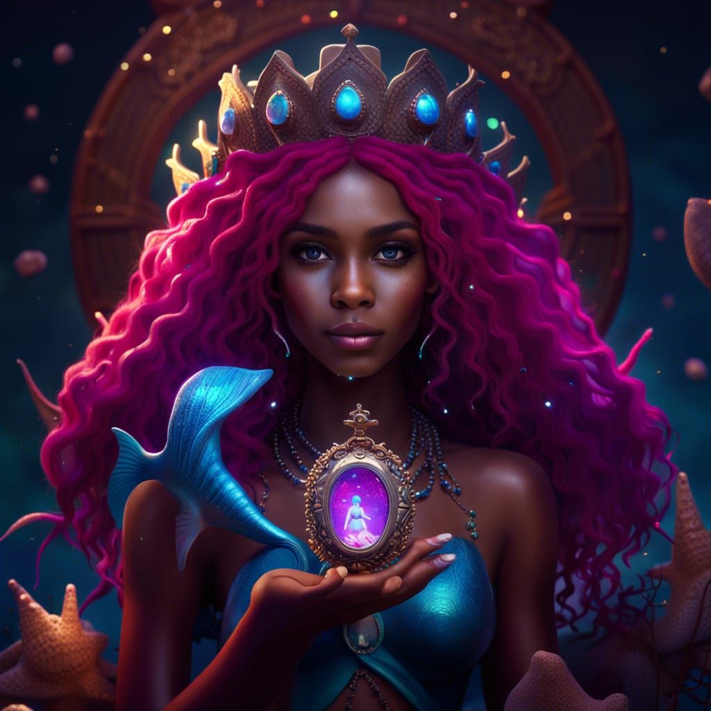 Magenta Haired Mermaid with Starfish Crown, Fantasy Art