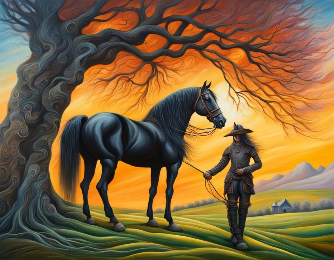 Black horse and rider under a large tree.