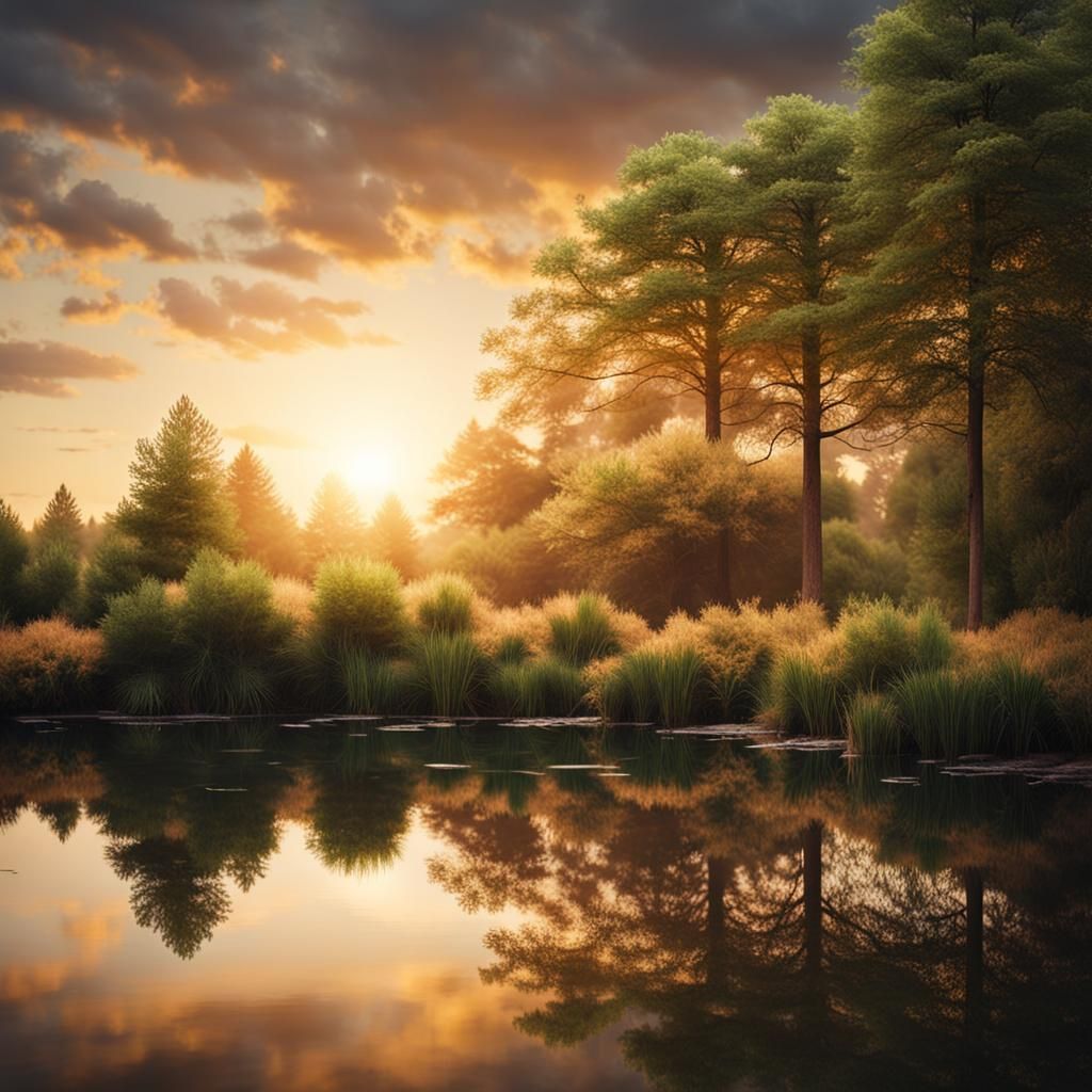 Sunset Over Pond: Hyperdetailed 4K Photo