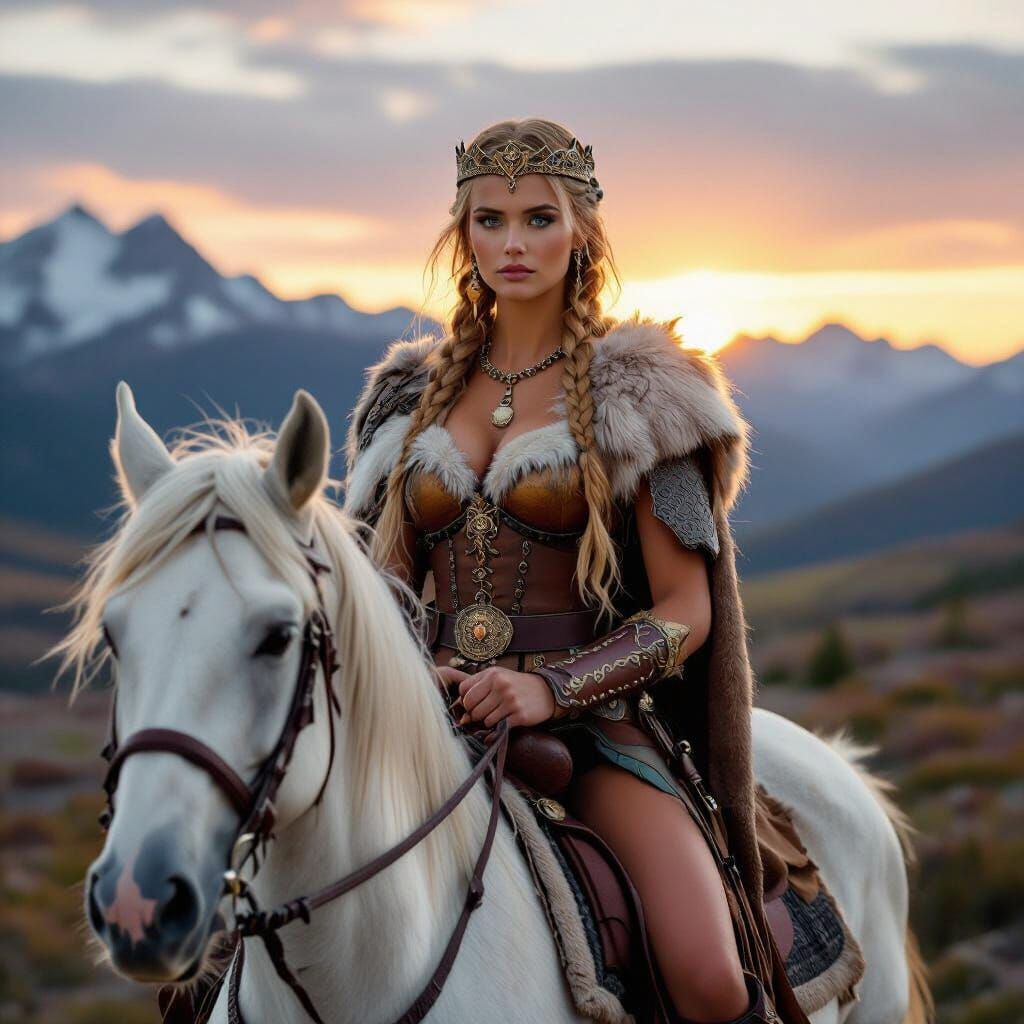 Viking Warrior Queen on White Horse at Sunset