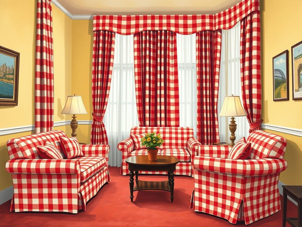 Fifties advertisement of a sitting room with Gingham curtains and gingham furniture