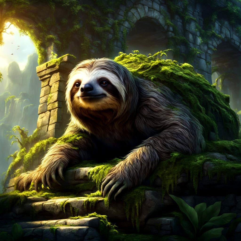 Fantasy Sloth in Ancient Stone Ruins