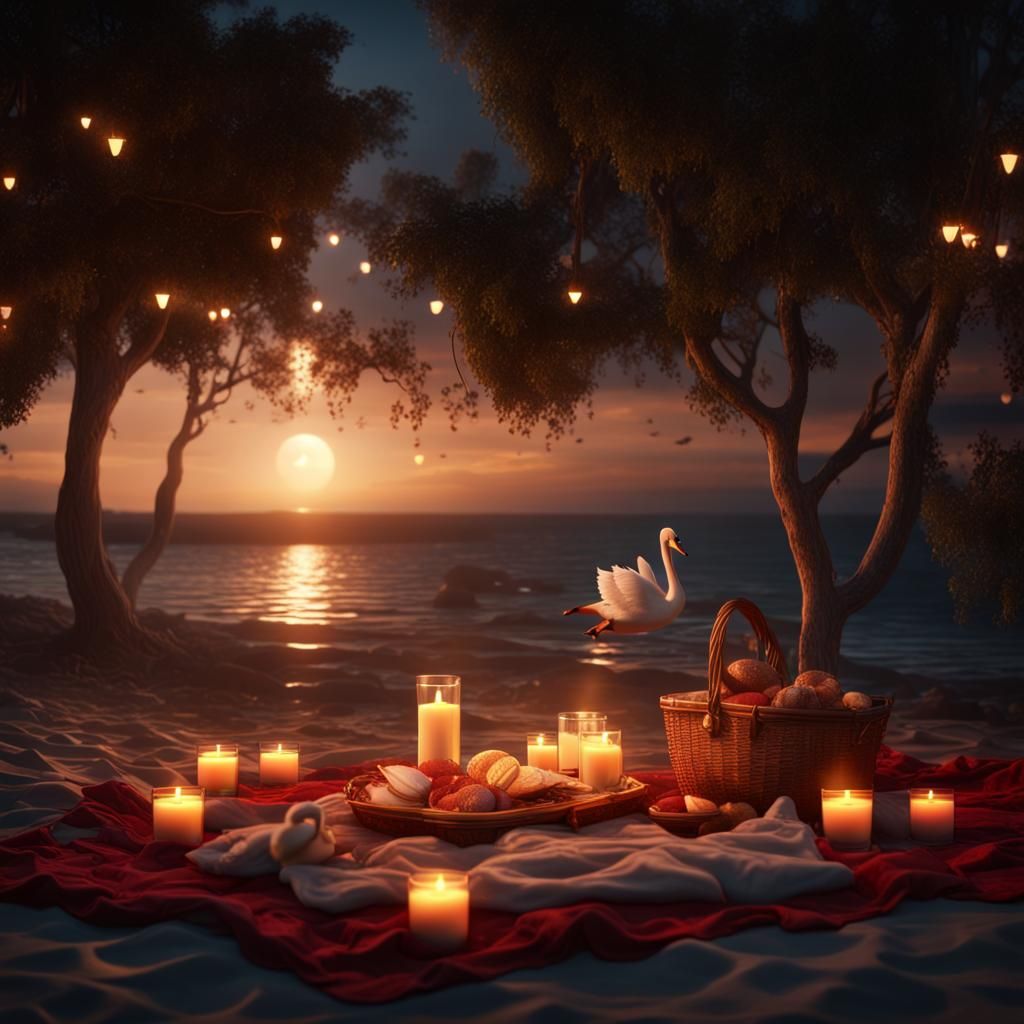 Romantic Beach Picnic at Sunset: Matte Painting