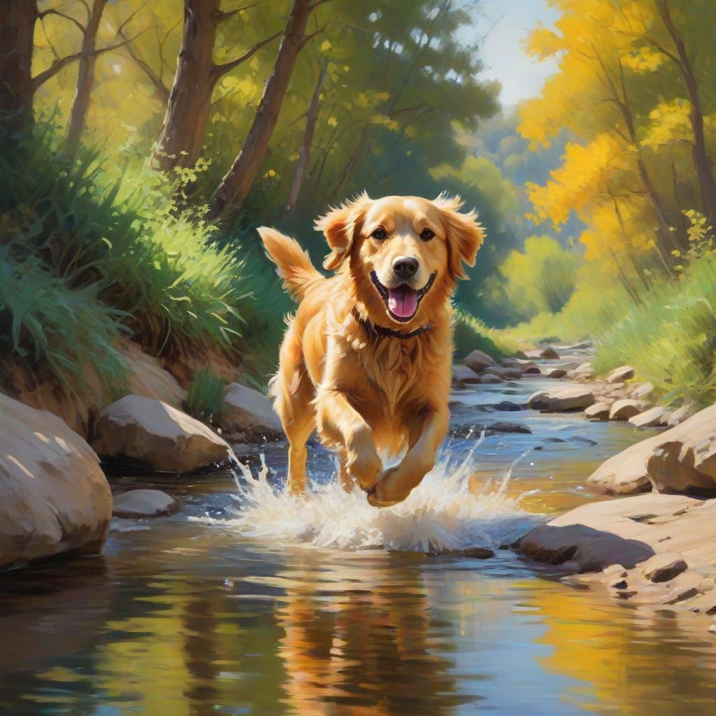 Golden Retriever Joyfully Jumps Through Stream in Impression...