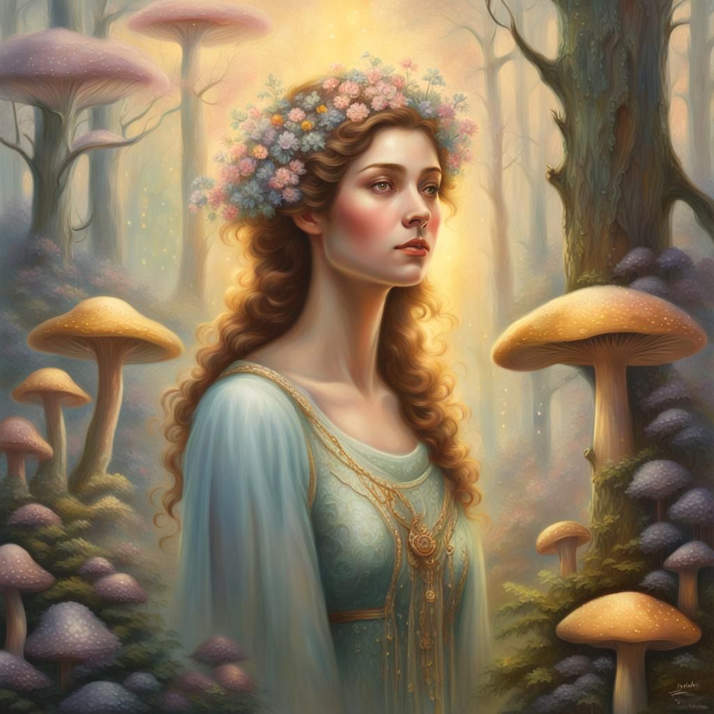 Ethereal Giantess in Misty Forest, Oil Painting