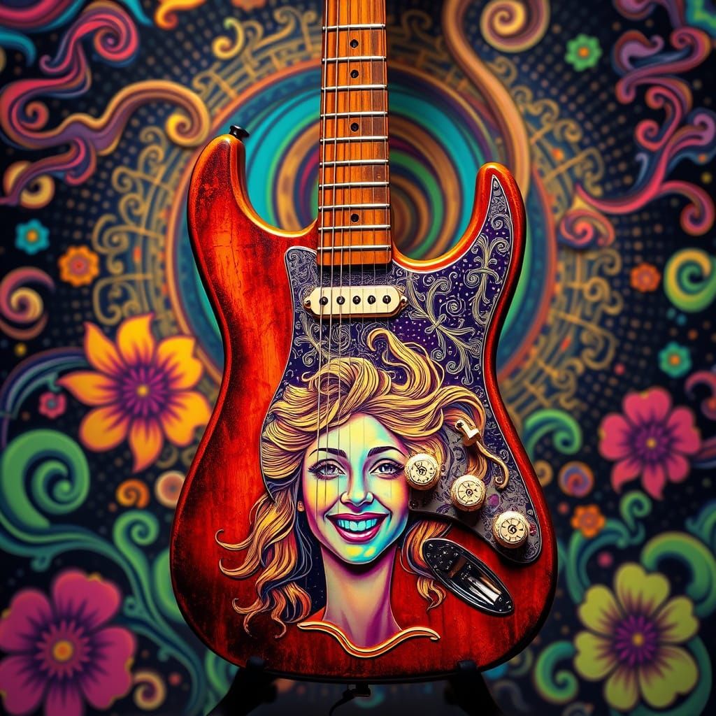 Psychedelic Art Guitar with Woman's Face Relief