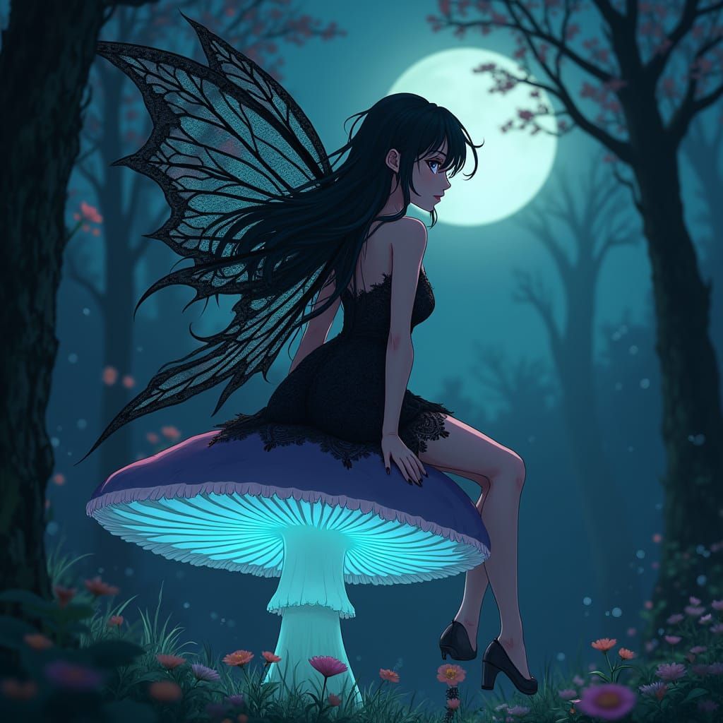 Gothic Anime Faerie on Bioluminescent Mushroom