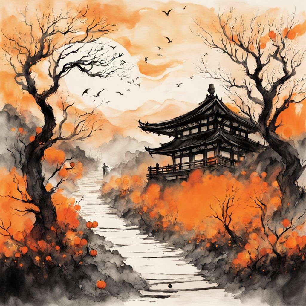 Japanese Ink Wash Halloween Village Under Crescent Moon
