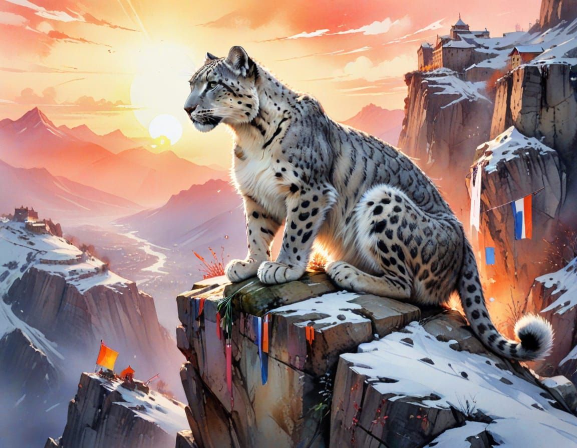Snow Leopard at Cliffside Monastery in Watercolor Style