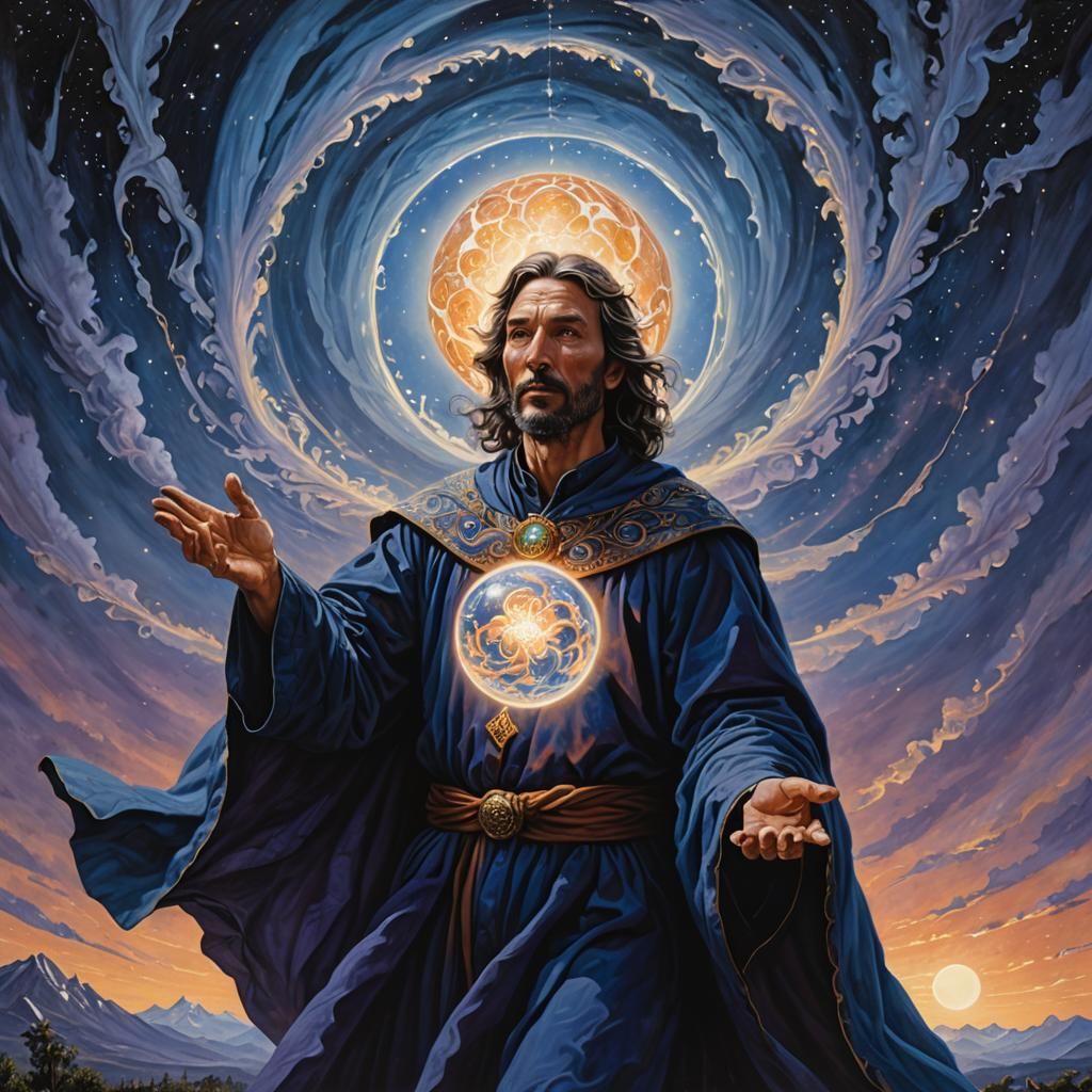 Man Holding Glowing Orb in Divine Ritual