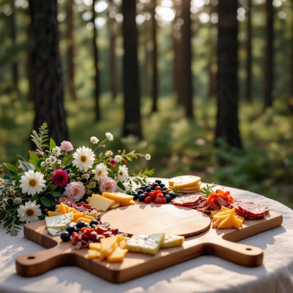 Empty Charcuterie Board in Forest Setting with Flowers