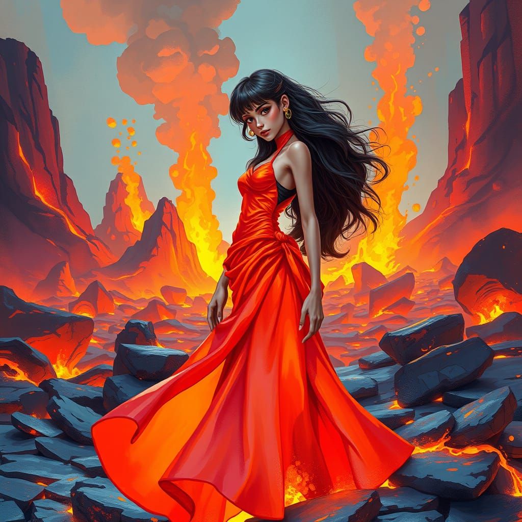 Lava Girl in a Futuristic Volcanic Landscape