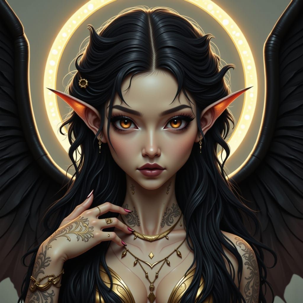 Majestic Woman with Golden Tattoos and Black Wings