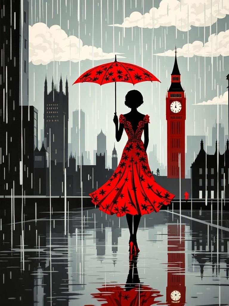 A Woman in Red Cut-Paper Dress, Silhouetted Against a Rainy ...