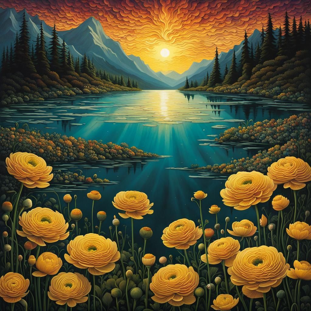 Luminous Crowfoot Carpet in Mountain Lake, Comic Book Art