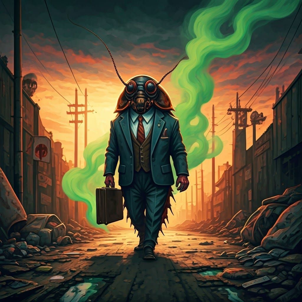 Cockroach Gentleman in Dystopian Watercolour Painting