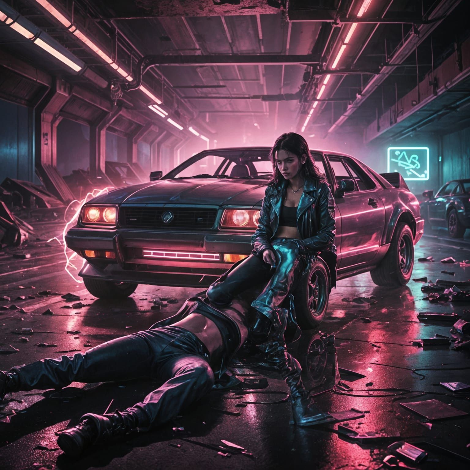 Synthwave Car Crash in Neon Cyberpunk Art